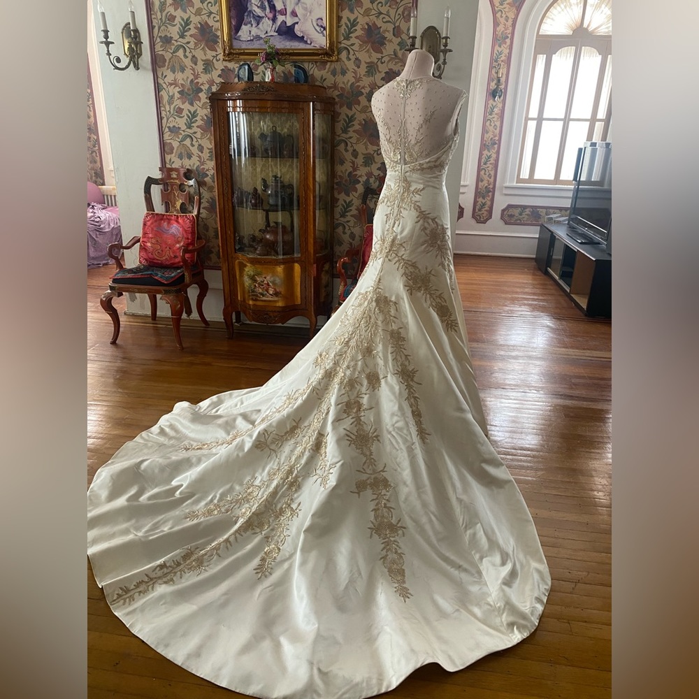 Reem Acra Ivory Satin Bridal Gown with Gold Embroidery and Long Train